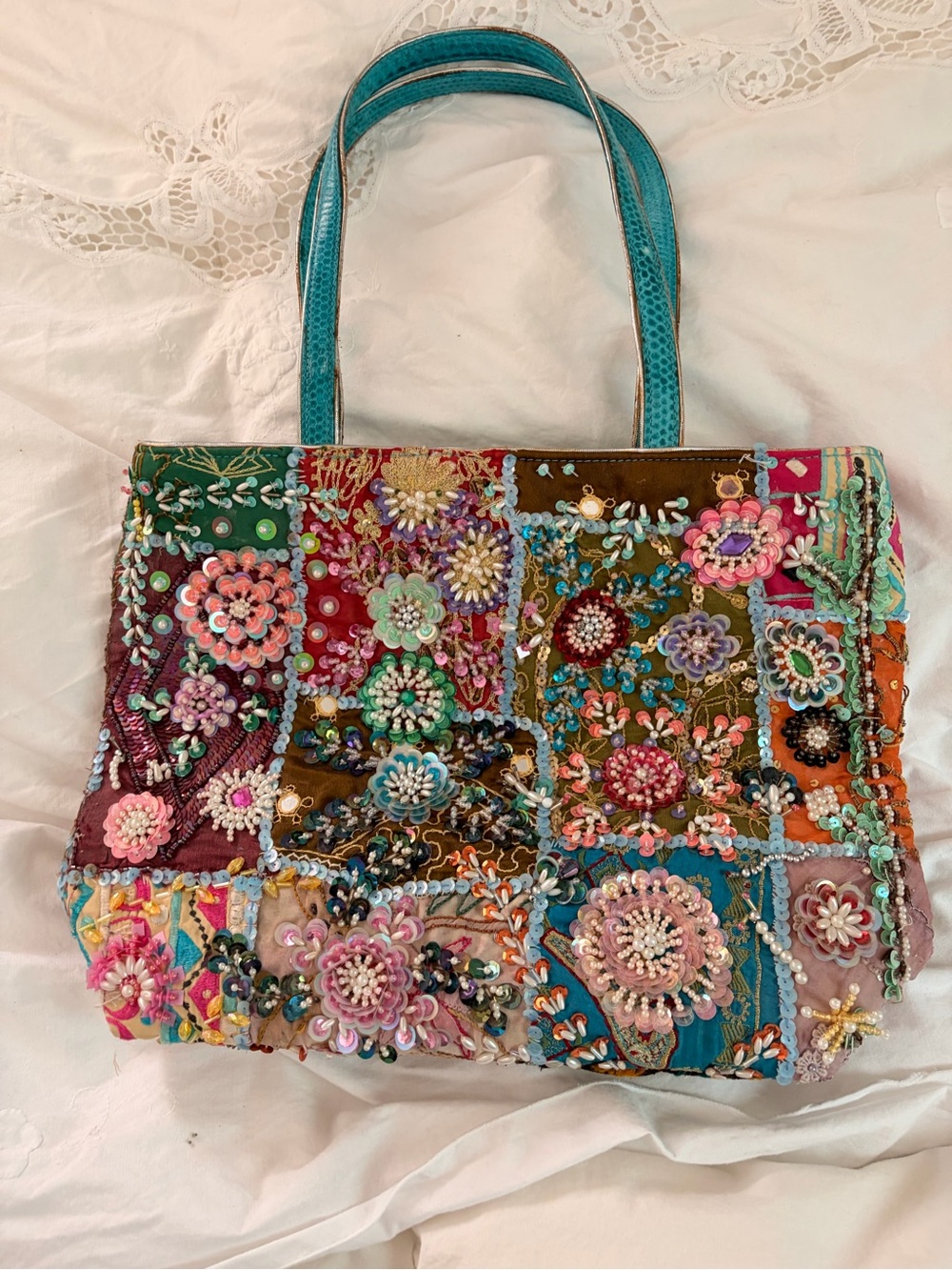 Vintage Embroidered Floral Patchwork Tote in Turquoise and Multicolor